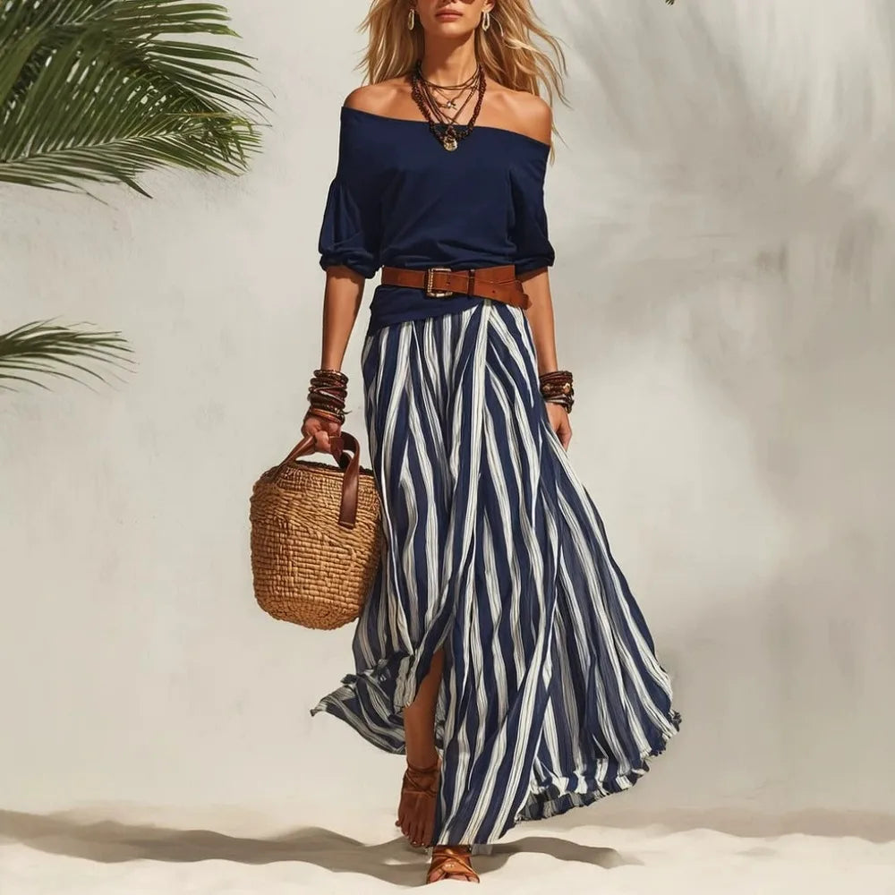 Women's 2-Piece Boho Set – Off-Shoulder Puff Sleeve Top & Vertical Stripe Flowy Maxi Skirt | Casual Vacation Outfit