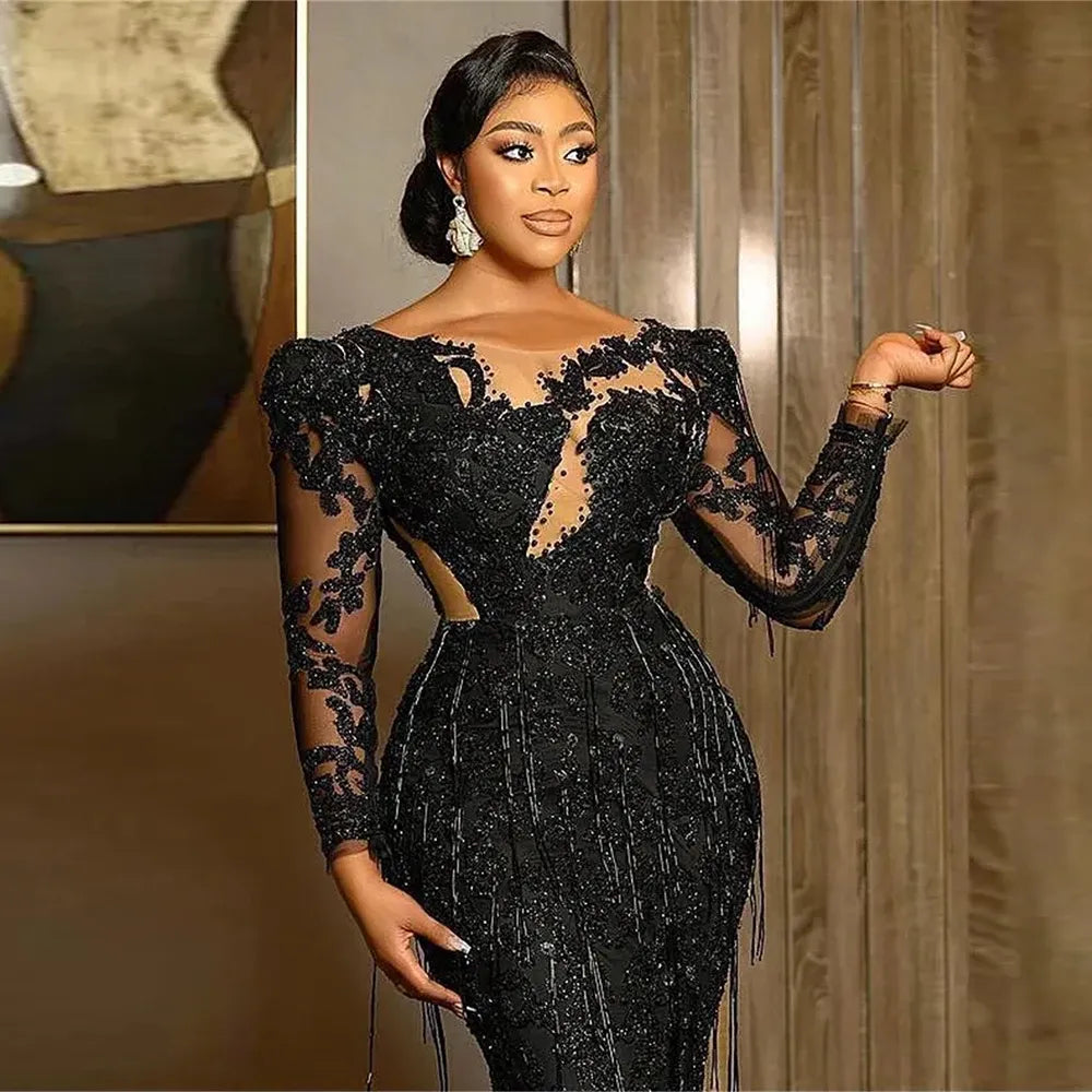 Long-Sleeve Ruched Satin Mermaid Evening Gown