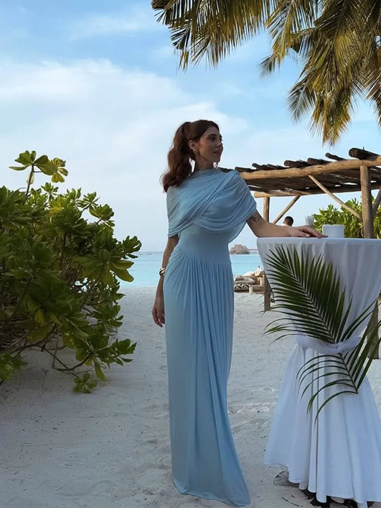 Irregular Shawl Blue Maxi Dress Women's Fashion Turtleneck Slim Fit Pleated LADYLYS