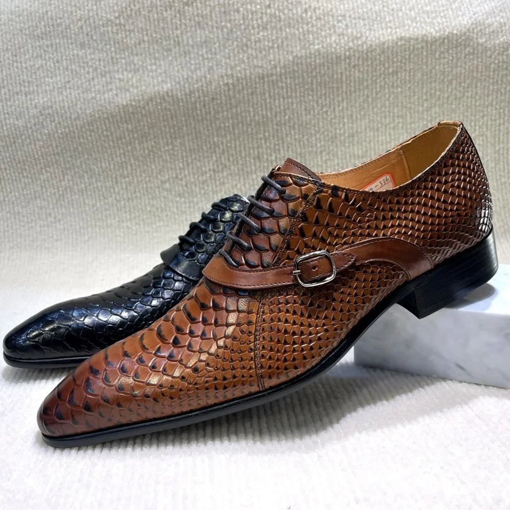 Italian-Style Handcrafted Leather Oxford Shoes – Python Pattern, Pointed Toe
