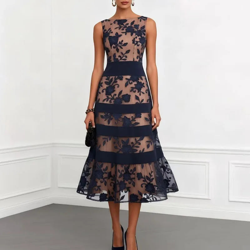 Floral Lace Mesh Sleeveless A-Line Dress – Elegant Formal Evening Gown