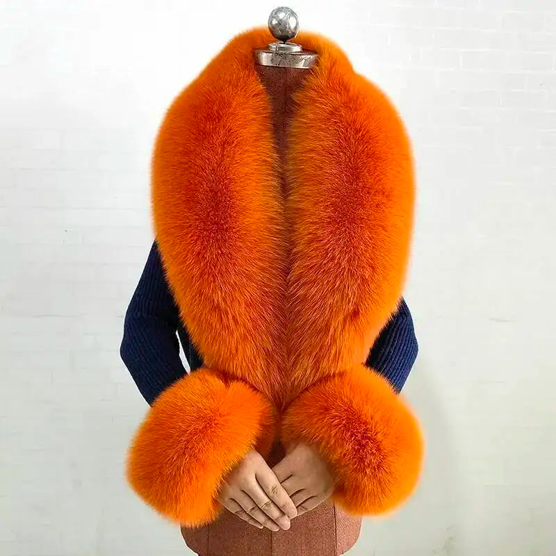 Women's Real Fur Collar and Cuffs Set, Fluffy Winter Scarf