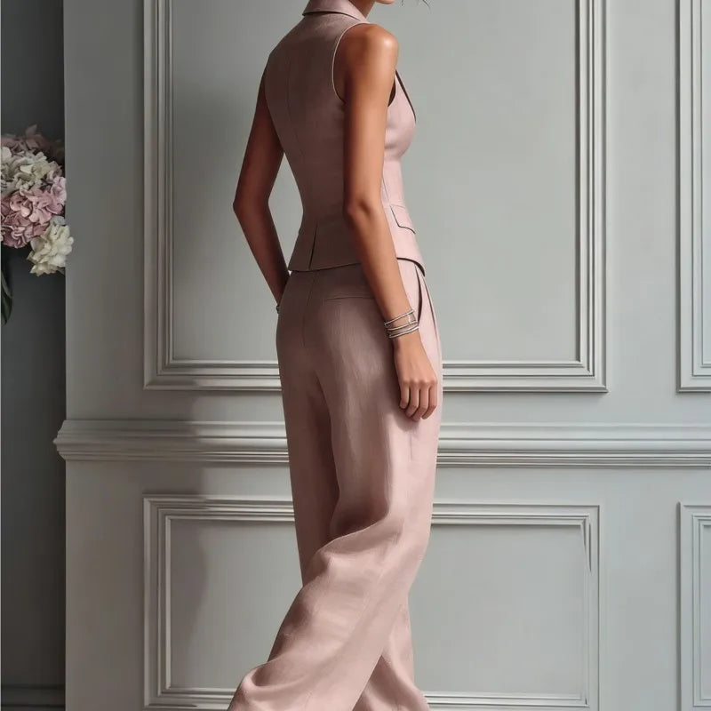 Sleeveless Vest & Wide-Leg Trousers 2-Piece Set – Women’s Office Suit