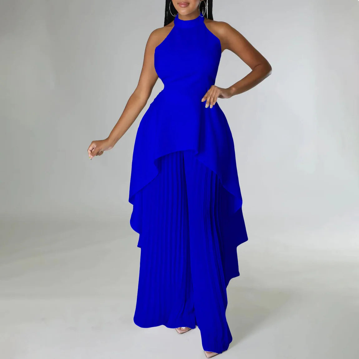 Elegant Tow Piece Set Women Outfit Backless Top Hundred Pleated Wide Leg Pants LADYLYS
