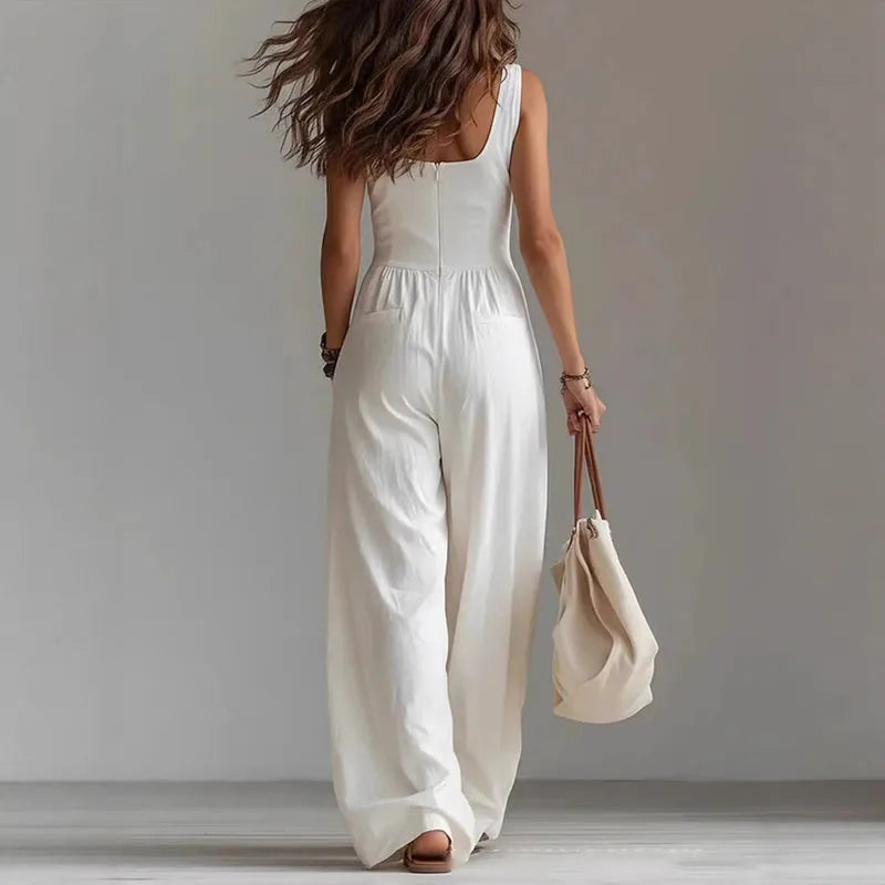 V-Neck Wide Leg Jumpsuit – Elegant Solid, High Waist, Full Length