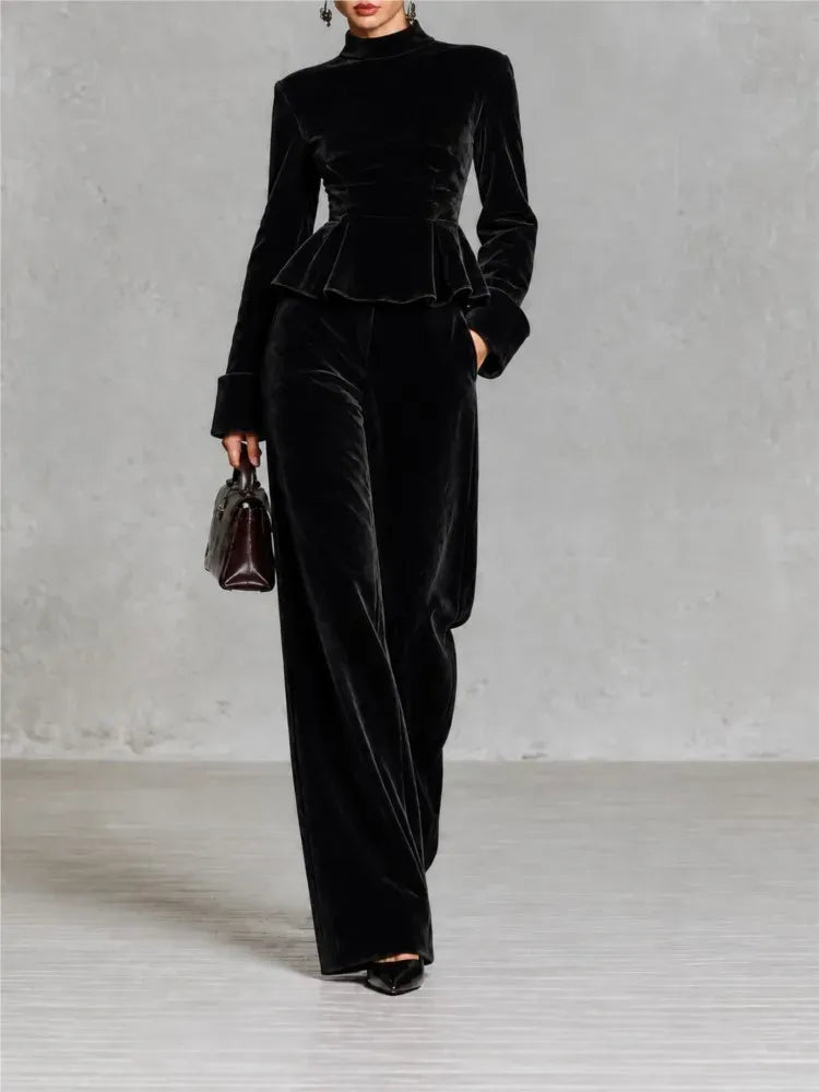 Women's Velvet Two-Piece Set with Wide-Leg Trousers