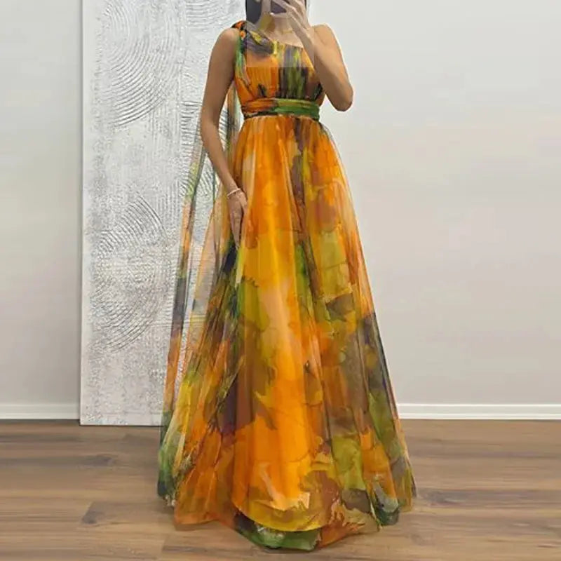 Sexy Slanted Neck Bow Tie Up Slim Long Dress Elegant Mesh Waist Banquet Dress LADYLYS