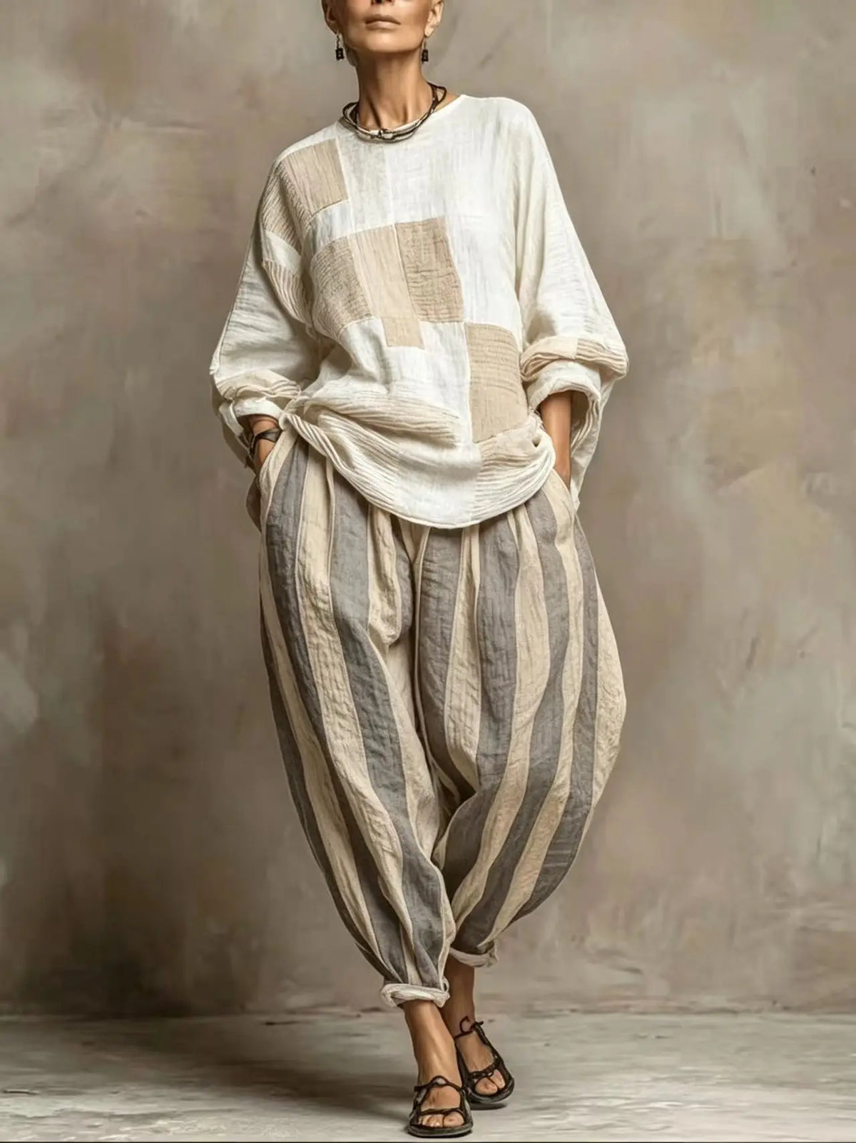 Women's Striped Patchwork 2-Piece Set – Loose Top & Harem Pants, Office Casual