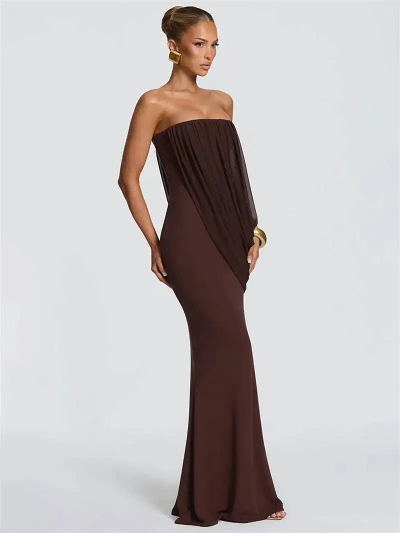 Mesh Backless Off-Shoulder Maxi Dress – Ruched High Waist Slim Evening Gown