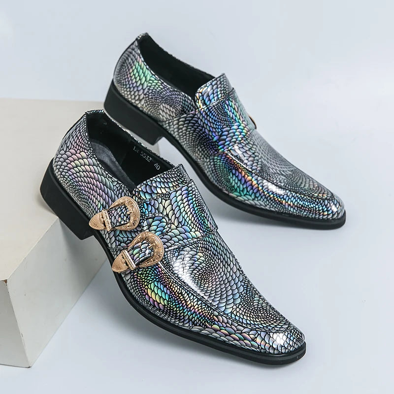Luxury Men's Glossy Leather Loafers – High-End Green Banquet, Pointed Toe Chelsea