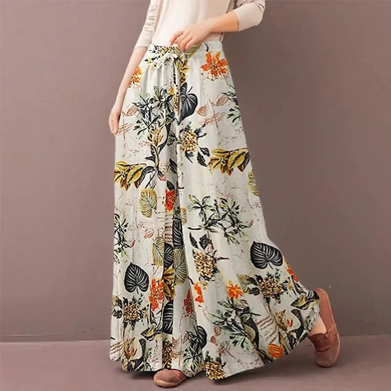 Women's Floral Print Wide Leg Pants — Drawstring Elastic Waist Bohemian Trousers | Plus Size