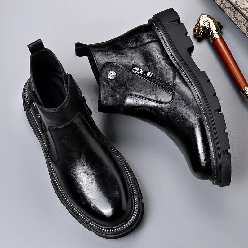 Men's Genuine Leather Zip-Up Ankle Boots – British Retro High-Top Non-Slip Booties