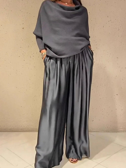 Elegant Slash Collar Off Shoulder Top&Satin Wide Leg Pants Sets Fashion Irregular Solid LADYLYS