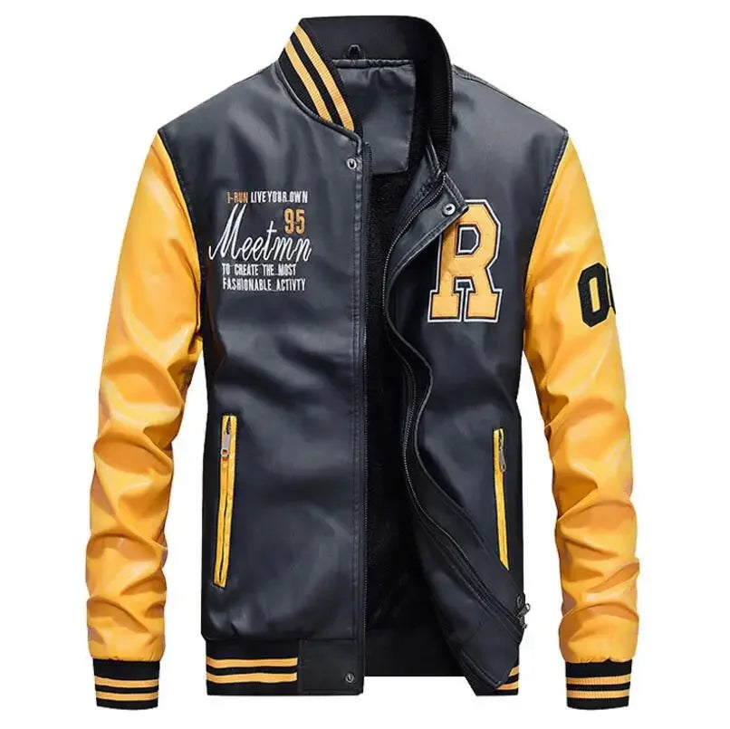 Men's Slim-Fit PU Leather Moto Jacket – Zip-Up, Wool-Lined, Multi-Color