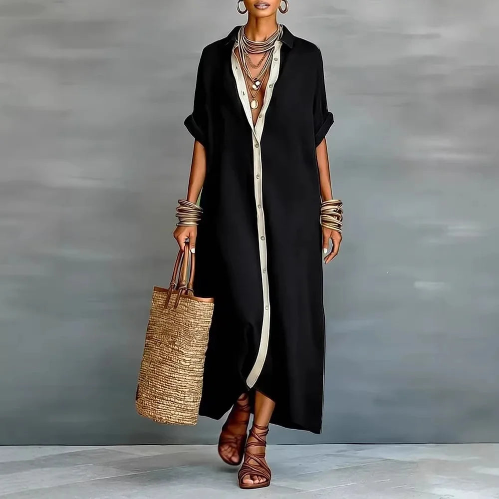 Patchwork Button Shirt Midi Dress – Short Sleeve Loose Beach Vacation Dress