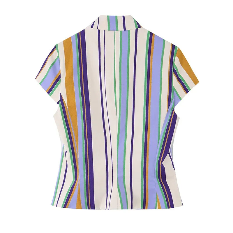 Casual Striped Shirt Trouser Suits Women Short Sleeve V-Neck Button Top LADYLYS