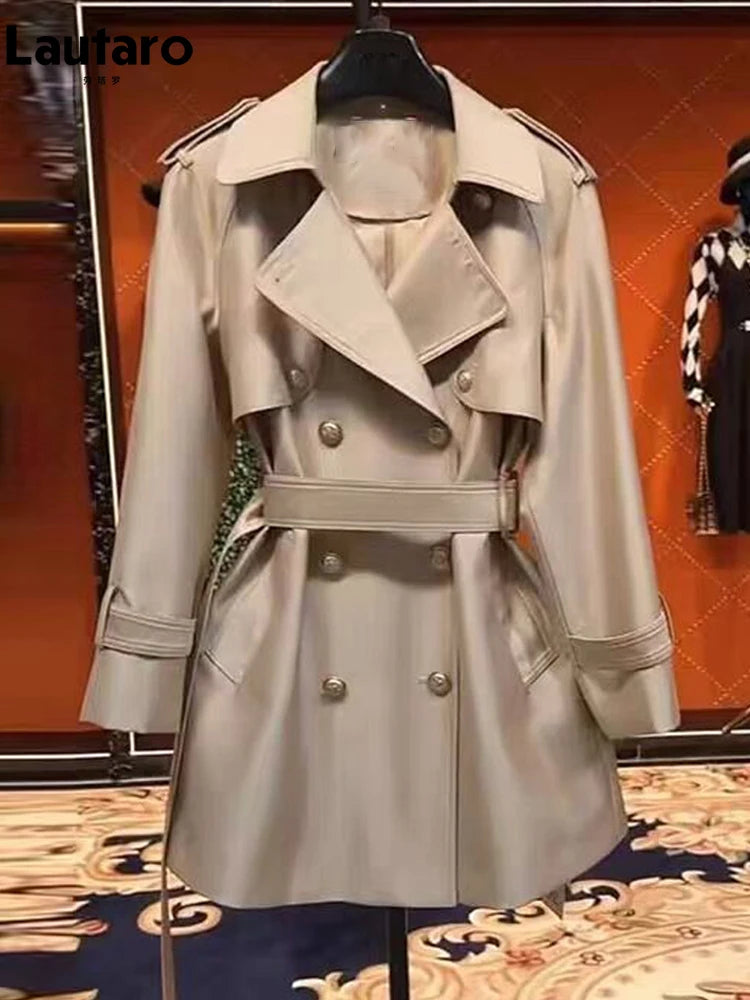 Women's Khaki Satin Trench Coat – Double-Breasted, Belted, Elegant Fit