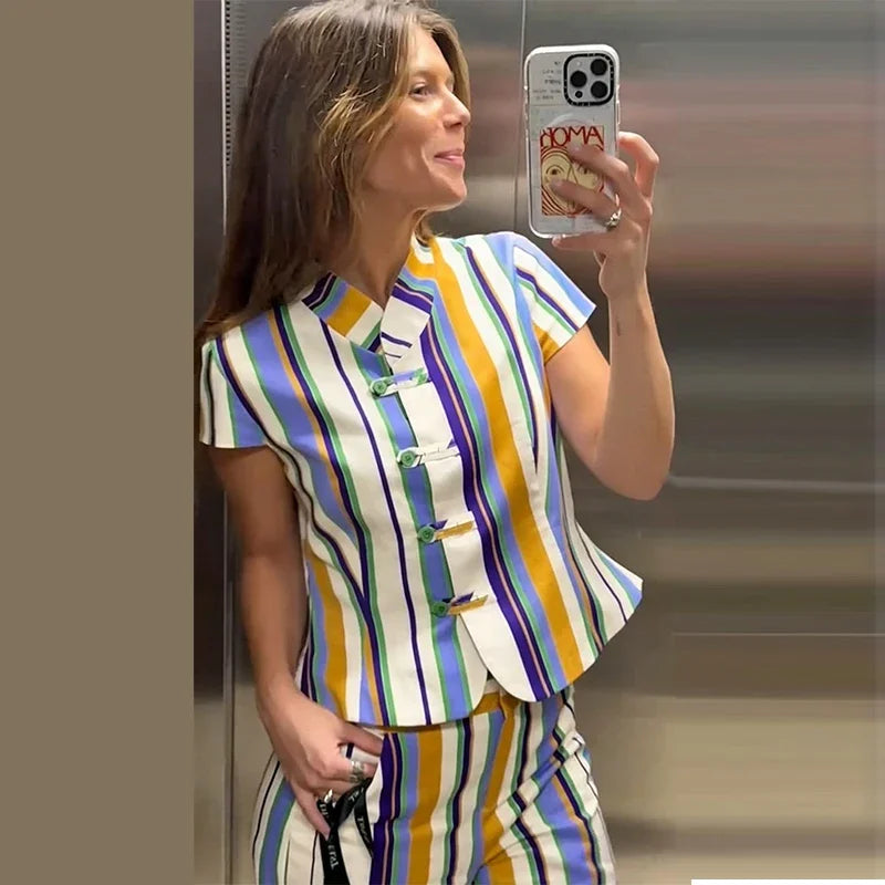 Casual Striped Shirt Trouser Suits Women Short Sleeve V-Neck Button Top LADYLYS