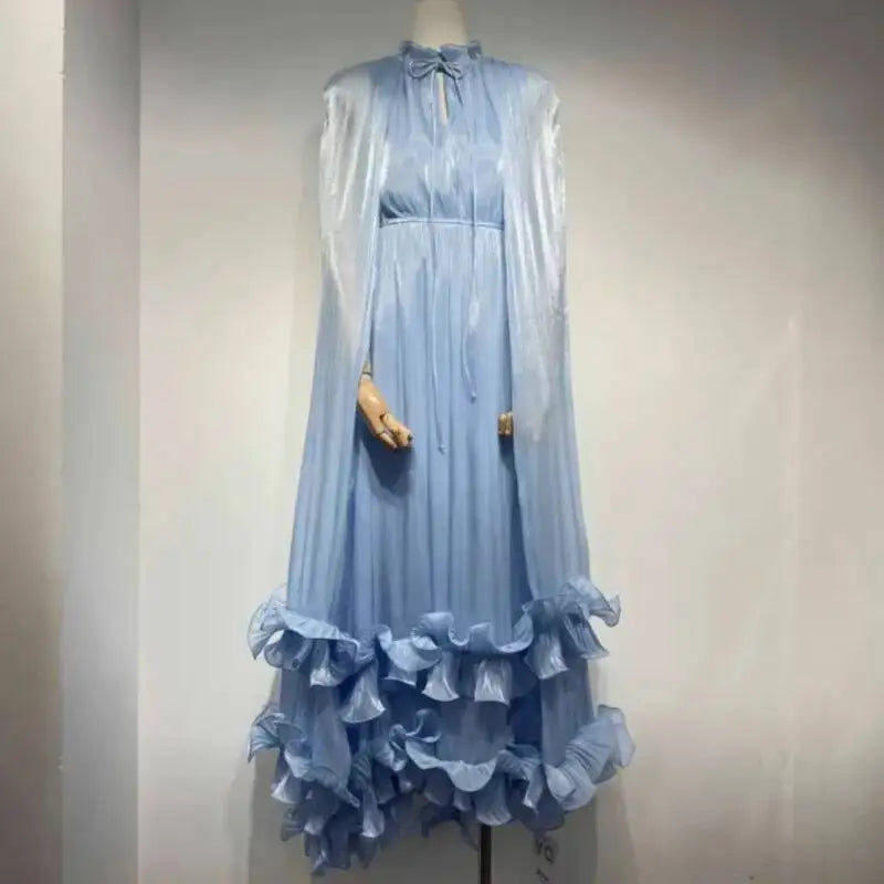 Women's V-Neck Cape Sleeve Maxi Dress – Ruffle Edge, A-Line Floor-Length