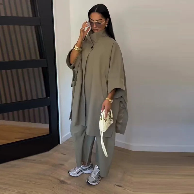 High Neck Single Button Cape Coat&Wide Leg Pants Two-Piece Set LADYLYS