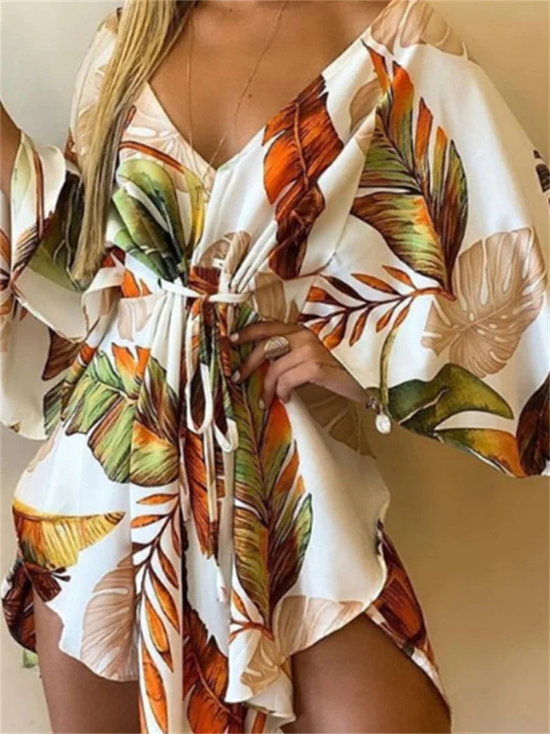 Print Dress Sexy V-Neck Bat Sleeve Ruffl Flowers Mini LADYLYS