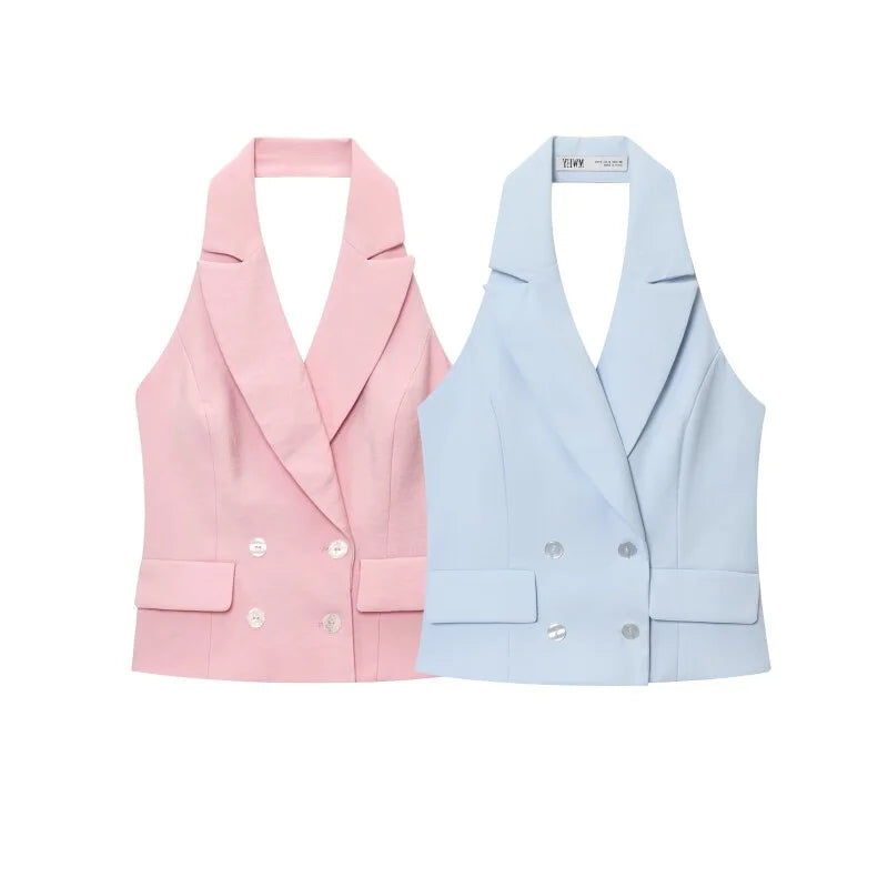 Summer Two Tone Halter Blazer Vest & Matching Wide Leg Pants Set LADYLYS