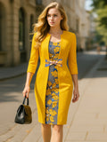 Women's Elegant Floral Patchwork Sheath Dress – 3/4 Sleeve Bow-Tie Waist Knee-Length | Office & Party
