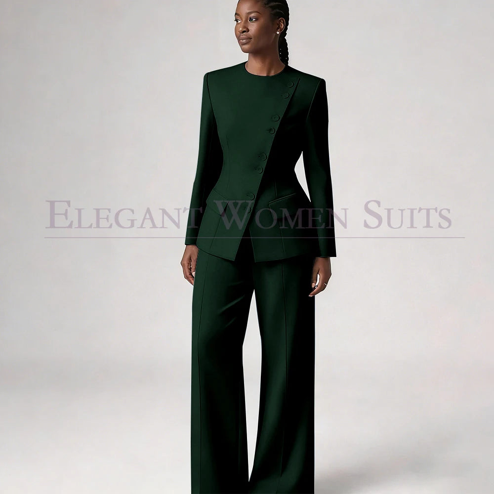 Single Breasted Women's Suits Blazer Luxury O-neck Regular Length 2 Piece LADYLYS
