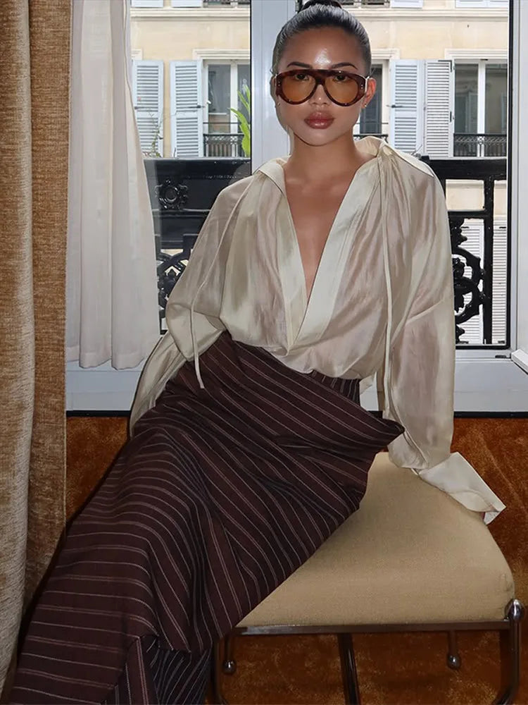 Striped Asymmetric Midi Skirt & Ribbon Tie Blouse Set – Women’s 2-Piece Summer Suit