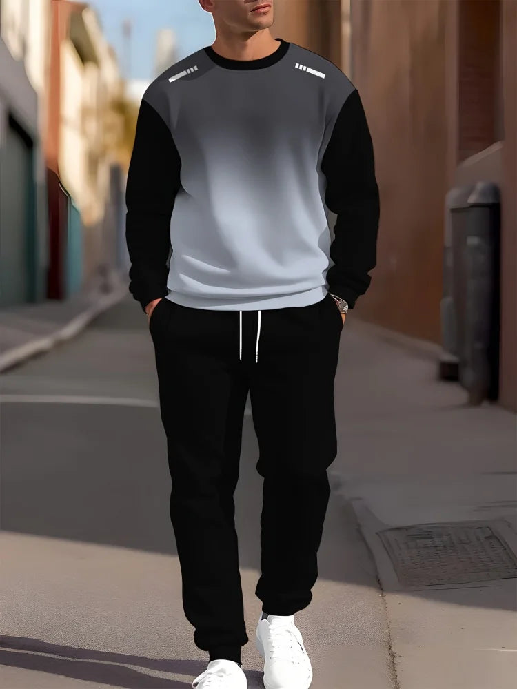 Men's Gradient Print Crew Neck Long Sleeve Top & Casual Pants — 2-Piece Set
