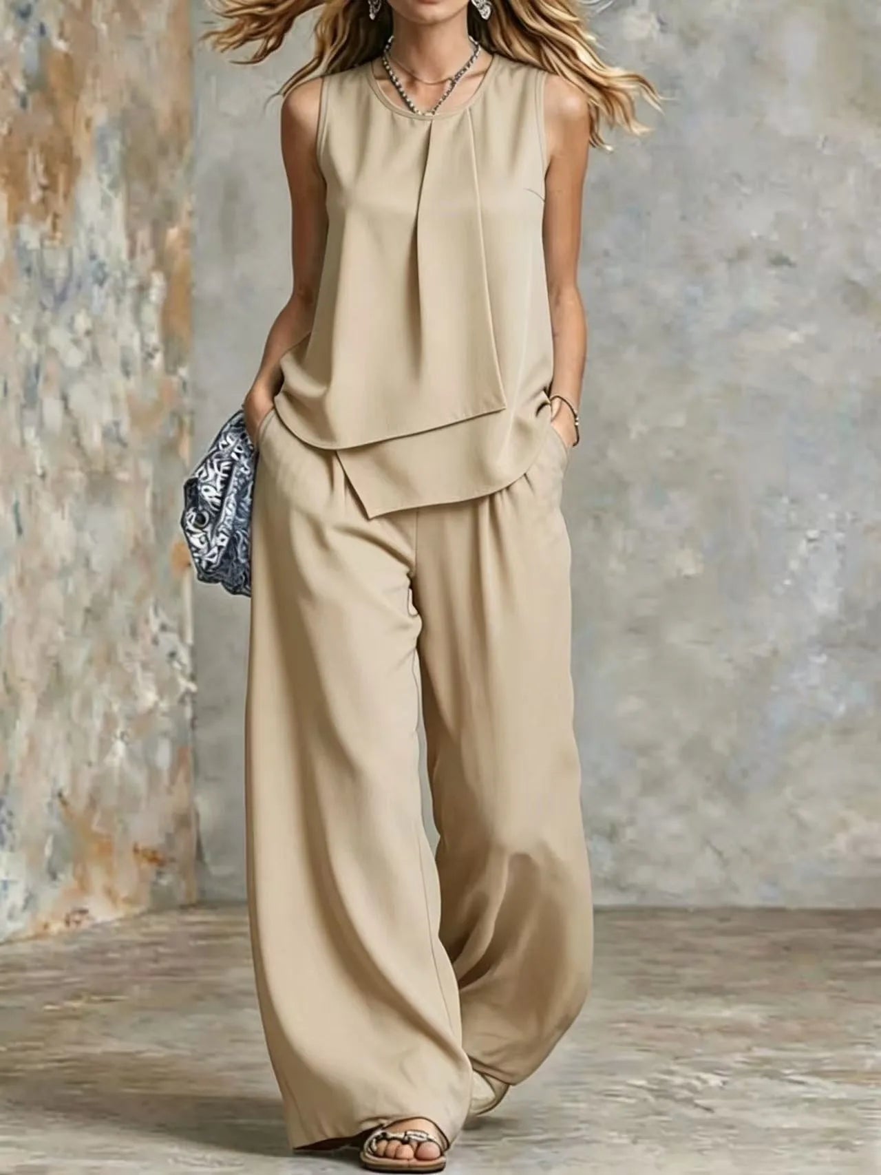 Women's Summer 2-Piece Outfit – Solid Sleeveless Top & Irregular Hem Skirt
