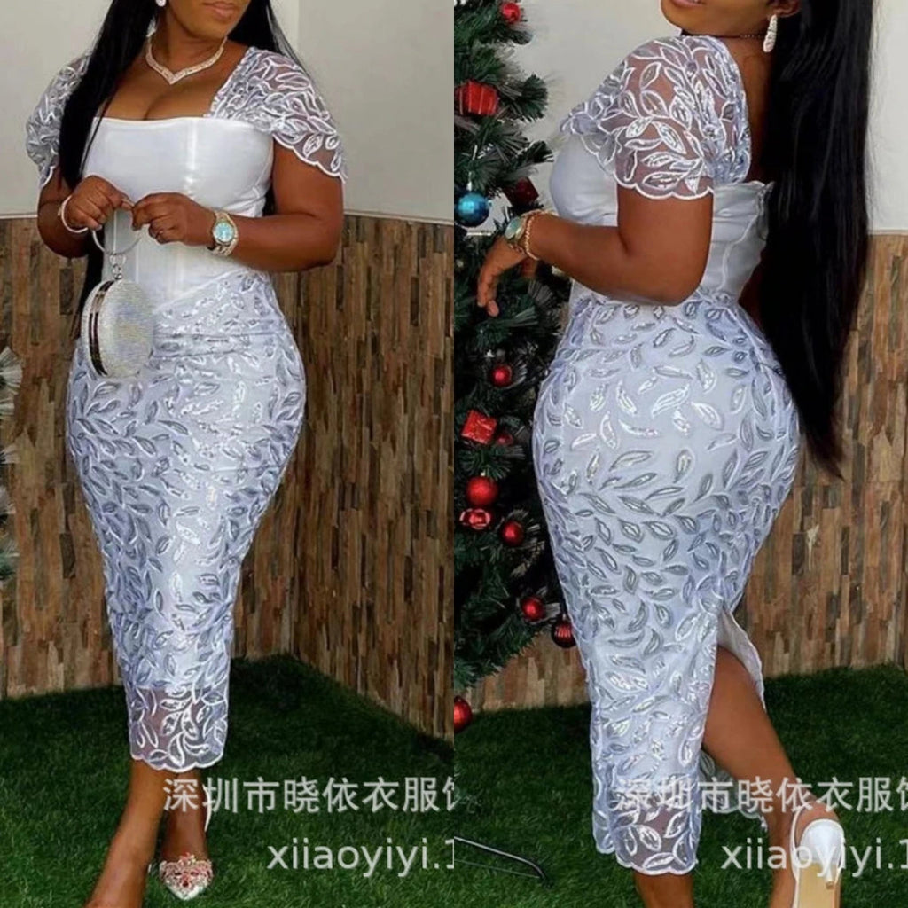 Print Dress Square Collar Y2k White Long Dresses High Waist Sexy Lace LADYLYS