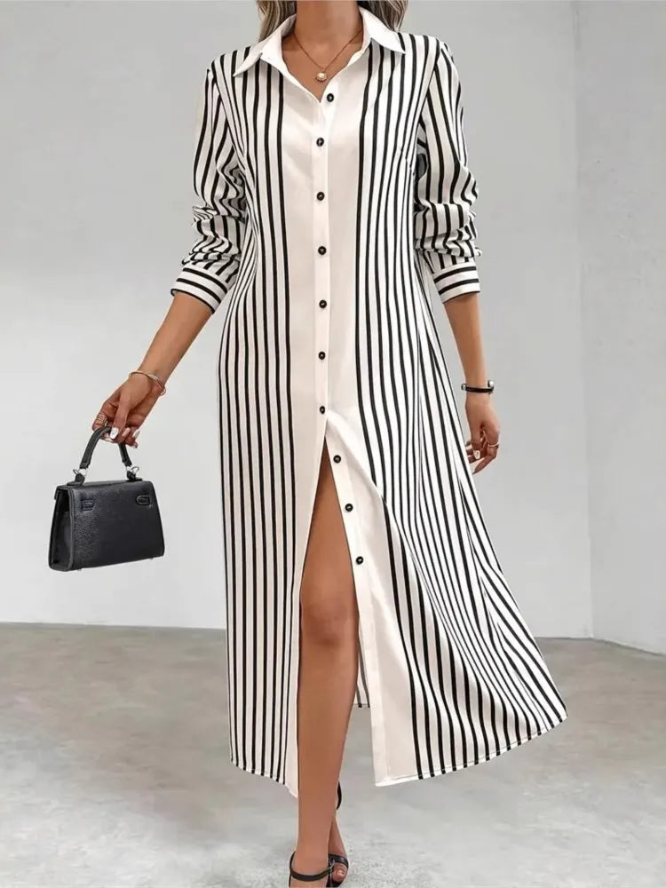 Striped Lapel Shirt Dress – Long Sleeve Button-Up Cardigan Style