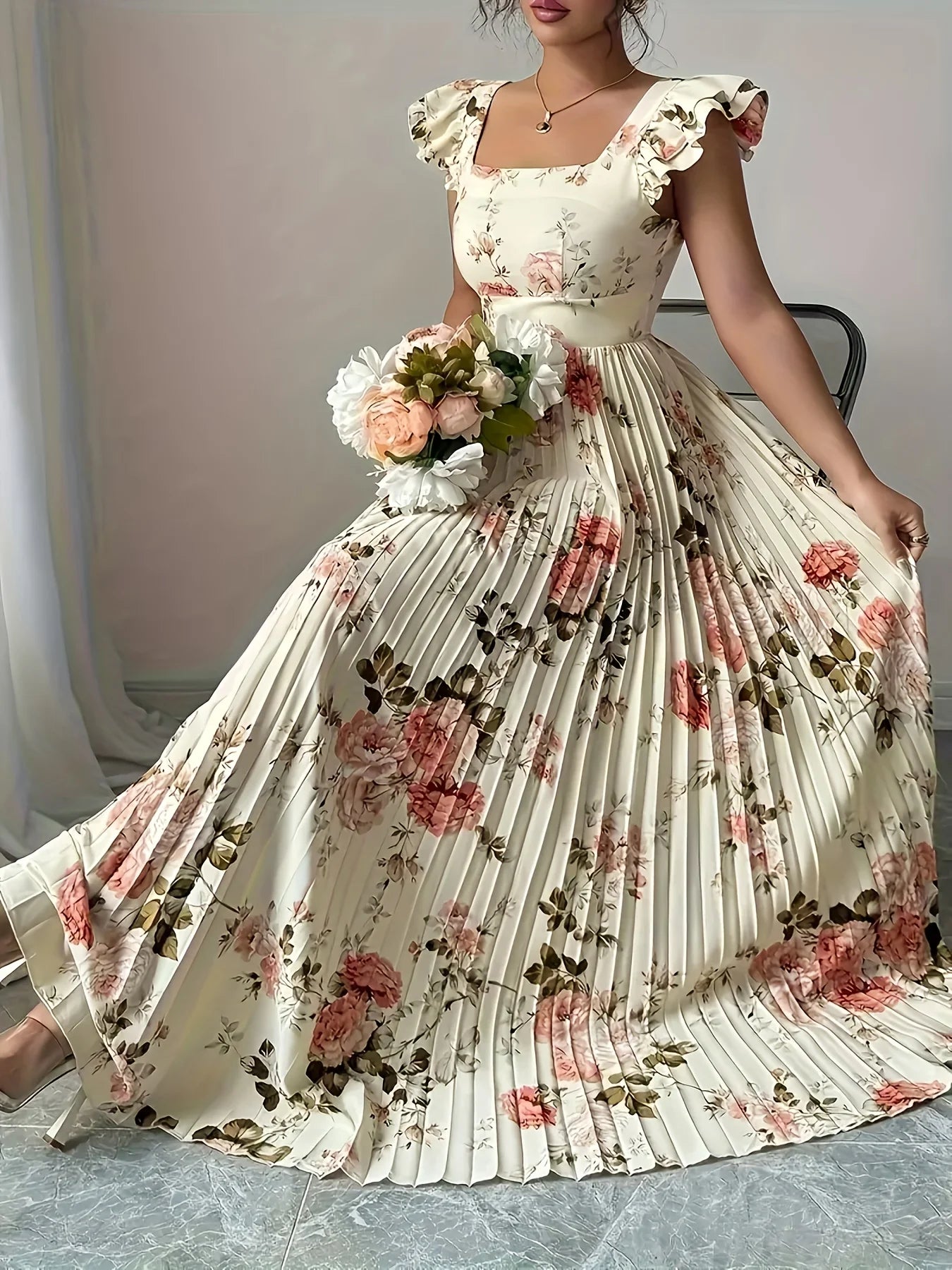 Elegant Beige Floral Pleated Midi Dress with Ruffle LADYLYS