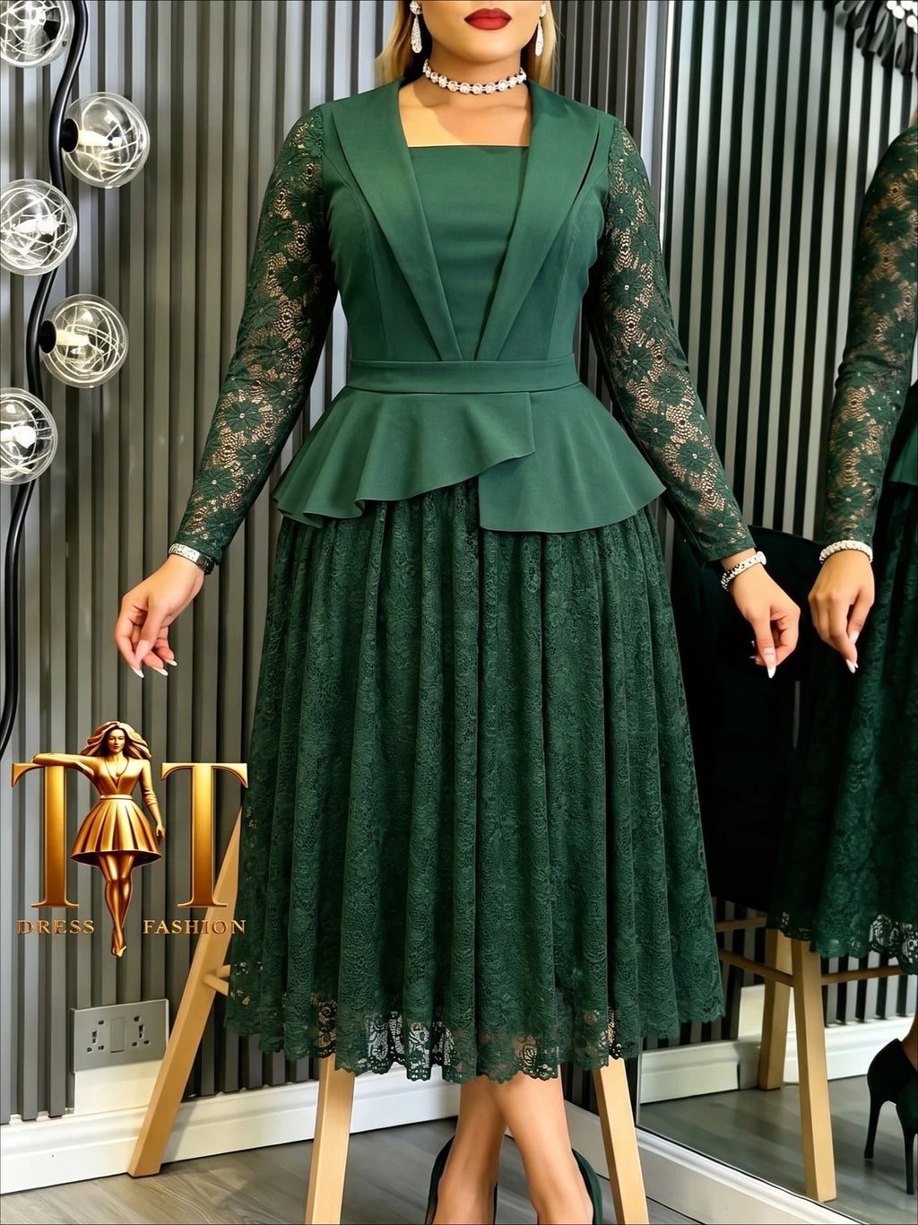 Women's Lace A-Line Peplum Dress – Square Neck Long Sleeve Midi | Church, Celebration & Party