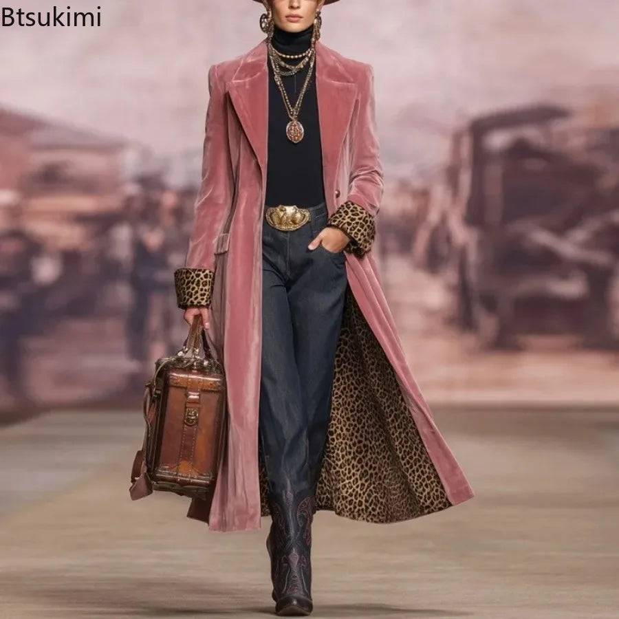 Women's Vintage Velvet Long Coat with Leopard Print Lining
