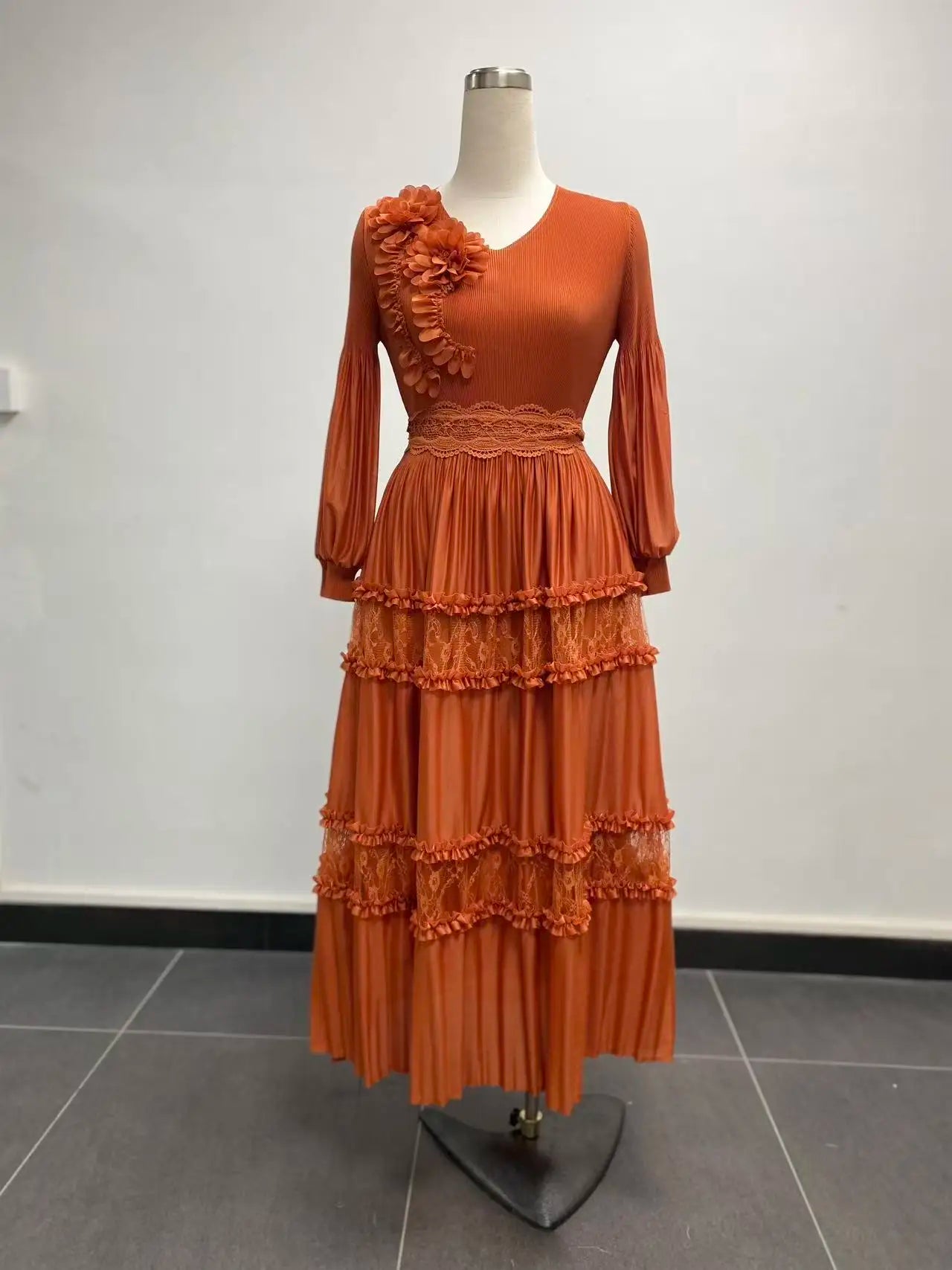 Women's Pleated Tiered Lace Midi Dress – V-Neck Lantern Sleeve Floral Detail | Elegant African Fashion