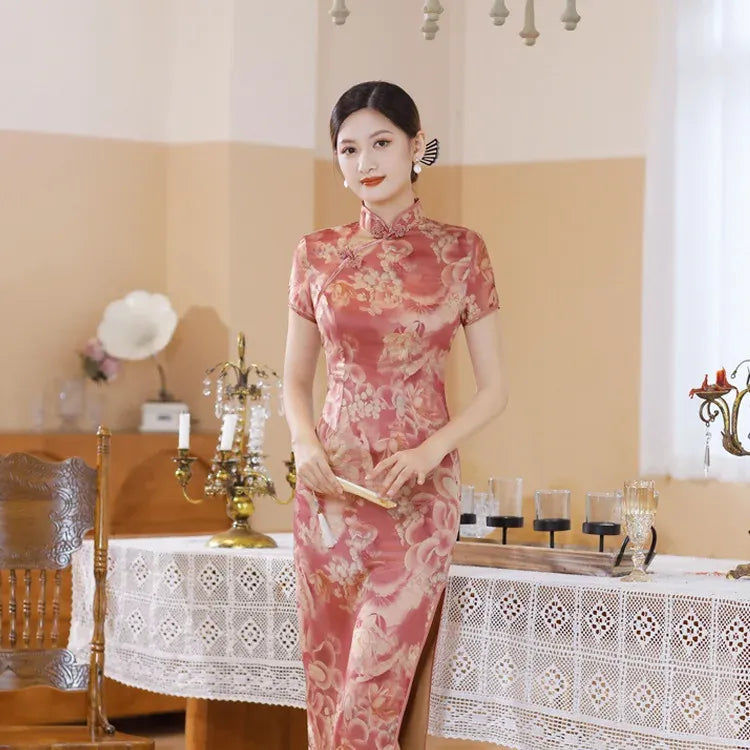 Printed Short-Sleeve Qipao-Inspired Midi Dress
