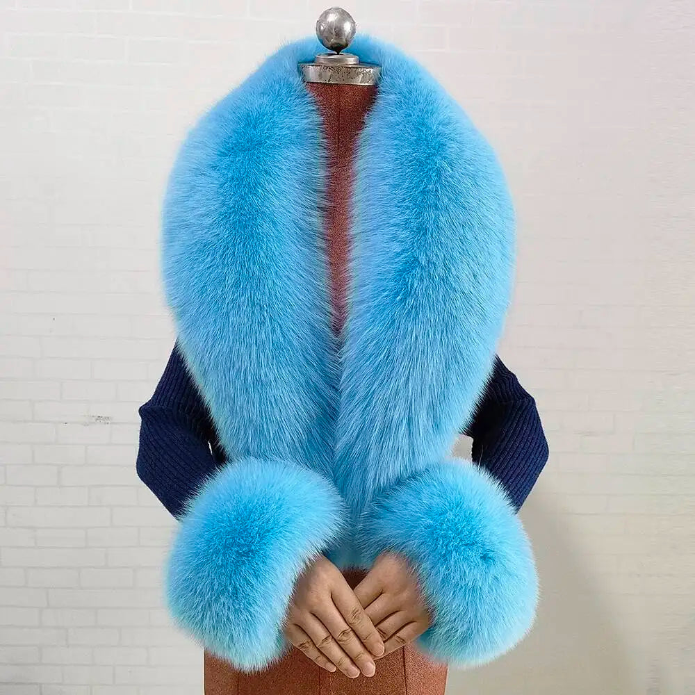 Women's Real Fur Collar and Cuffs Set, Fluffy Winter Scarf