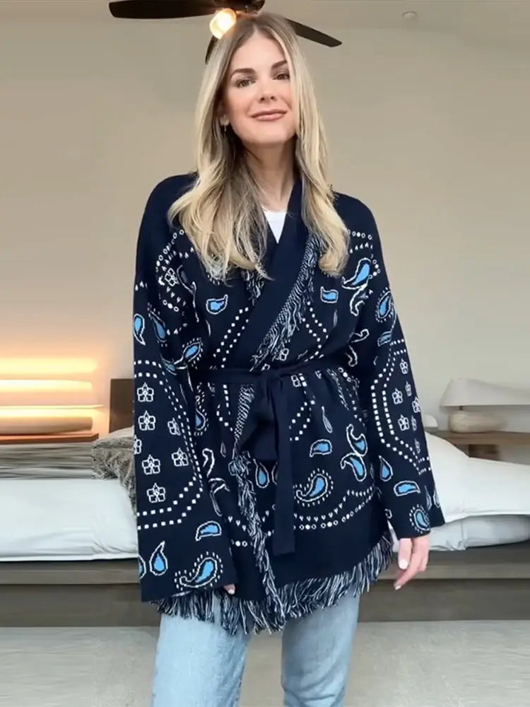 Women's Jacquard Knit Wrap Cardigan with Belt and Fringe Trim