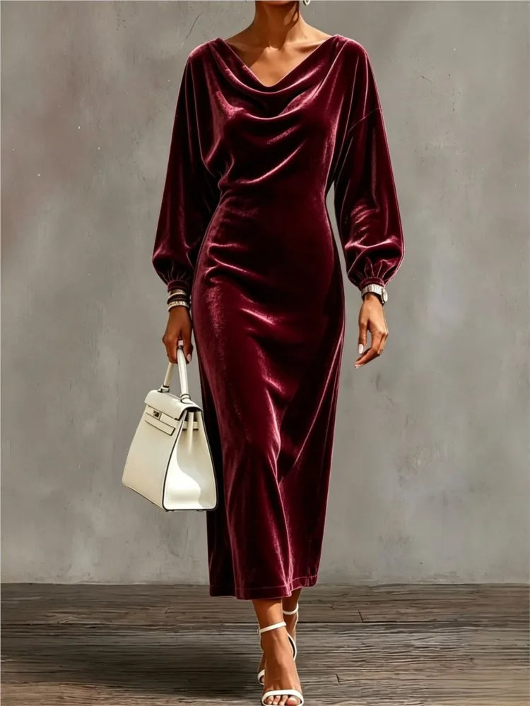 Women's Elegant Cowl Neck A-Line Dress with Lantern Sleeves