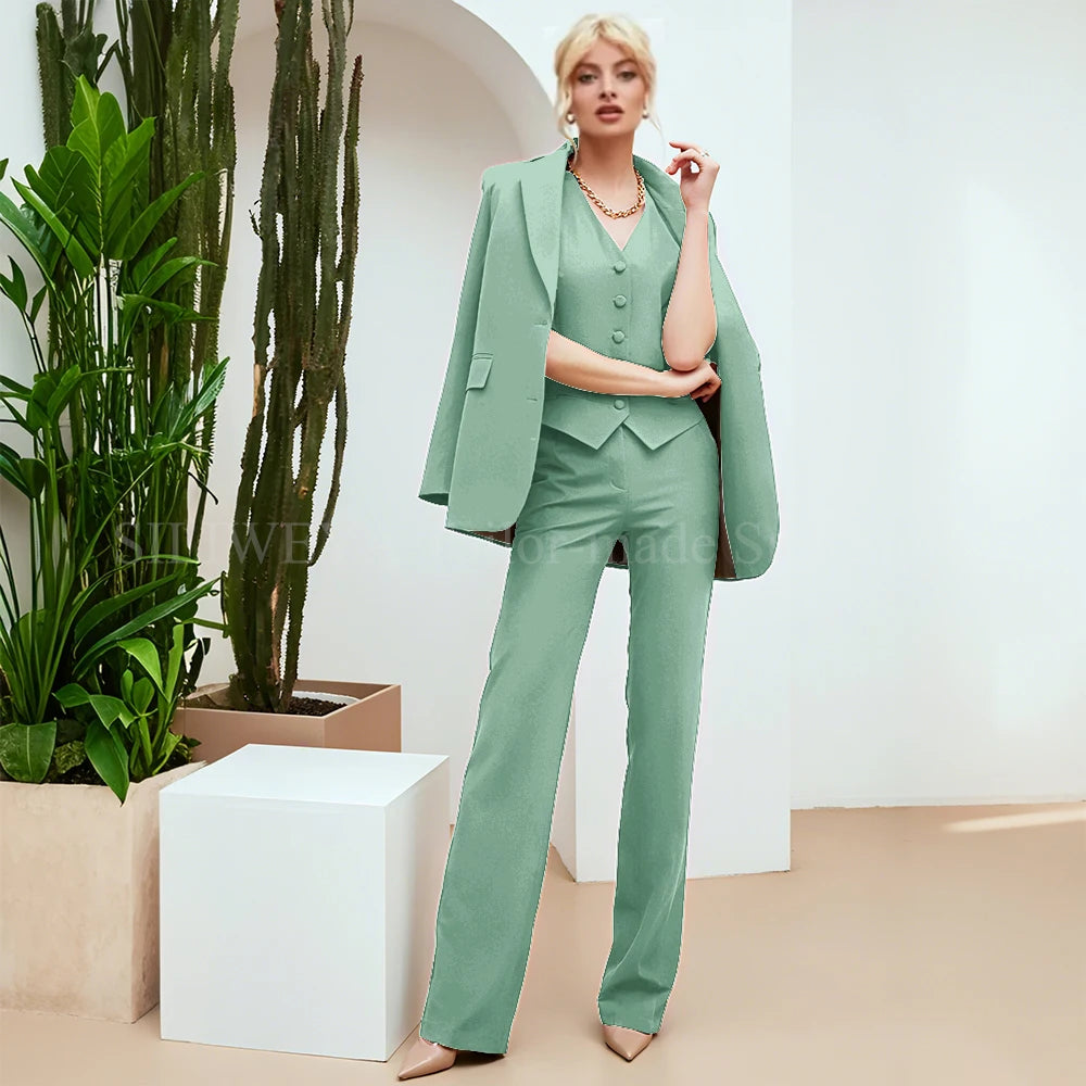 Chic Green 3-Piece Women's Suit – Slim Fit Blazer, Pants & Vest | Formal Office Set