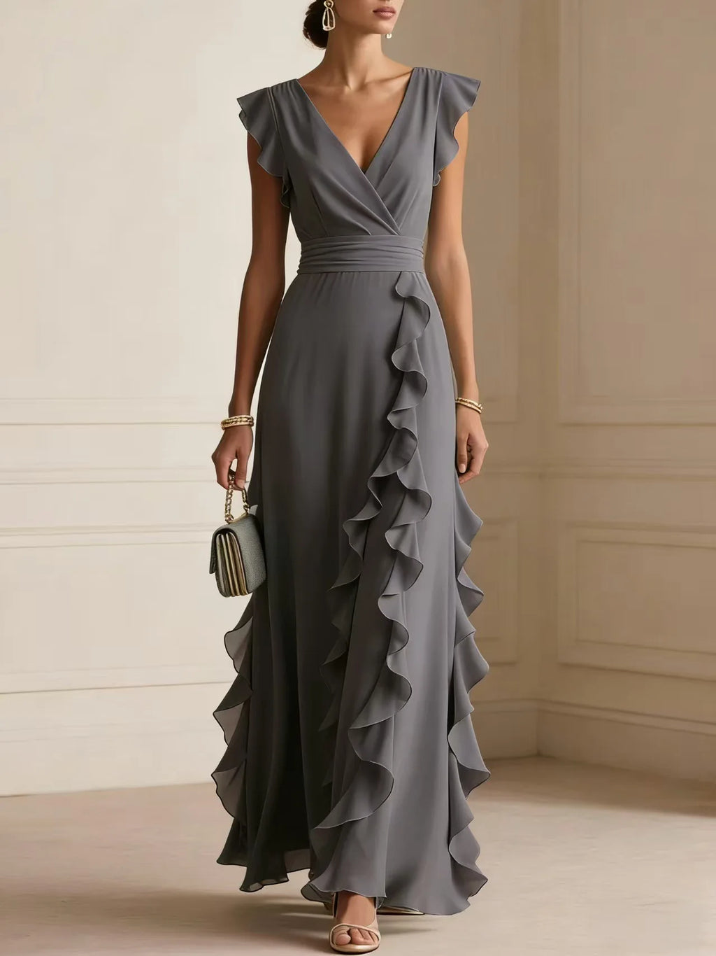 Women's Elegant Ruffle Sleeveless V-Neck Maxi Dress – Bohemian Party & Evening Gown