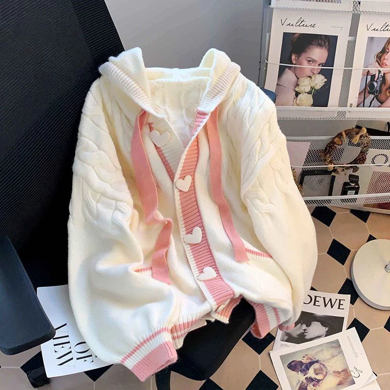 Women's White Hooded Knit Cardigan, Loose Fit