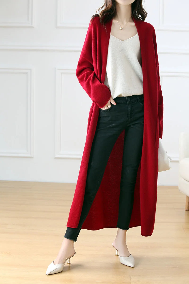 Women's Long Wool V-Neck Cardigan, Loose Fit