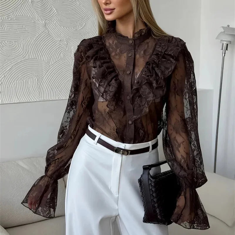 Lace Ruffled Printed Shirts Female See-Through Patchwork Lace-Up Long Sleeve