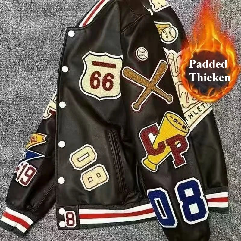 Men's Embroidered Varsity Bomber Jacket — PU Leather Baseball Coat | Unisex Streetwear