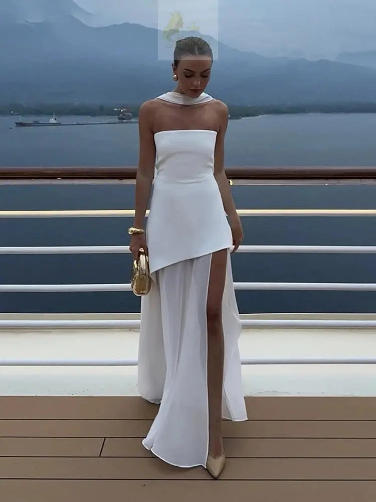Elegant Strapless Ribbon Long Vintage Mesh Corset Maxi Dresses LADYLYS