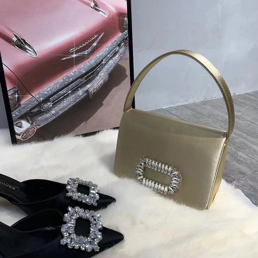 Luxury Diamond Square Button Evening small Bag Clutch Purses Satin Rhinestone LADYLYS