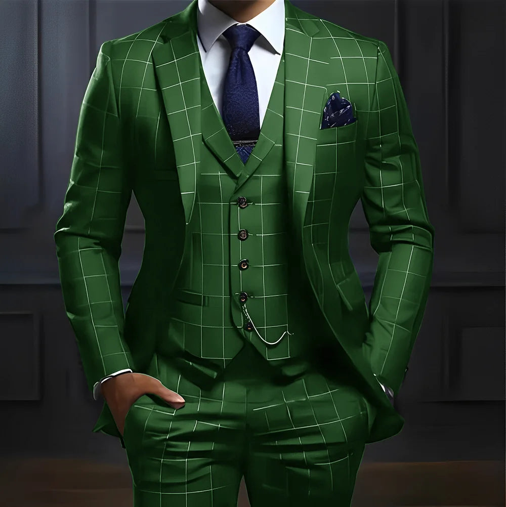 Men’s Plaid Three-Piece Suit for Weddings and Business